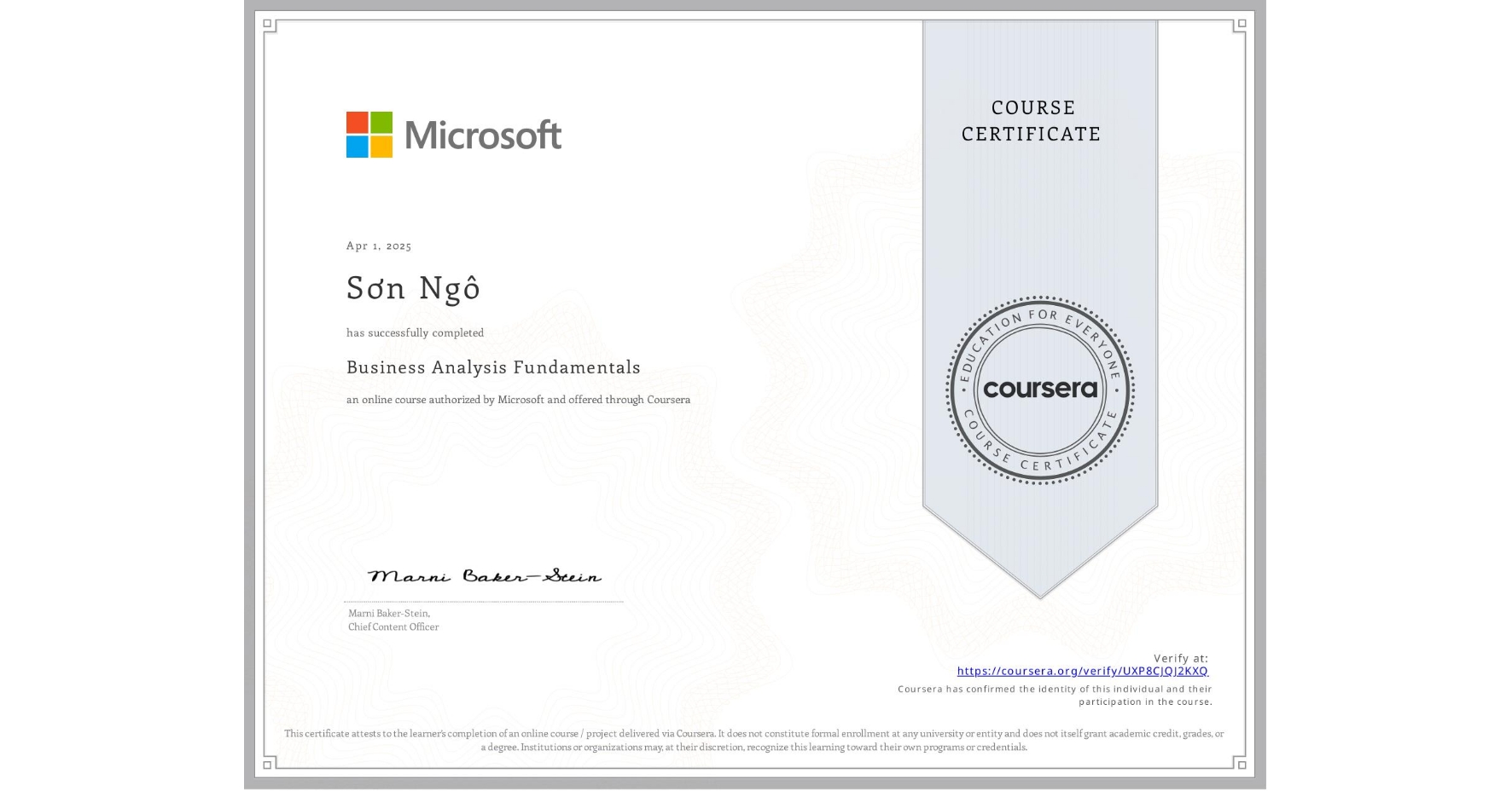 Business Analysis Fundamentals certificate preview