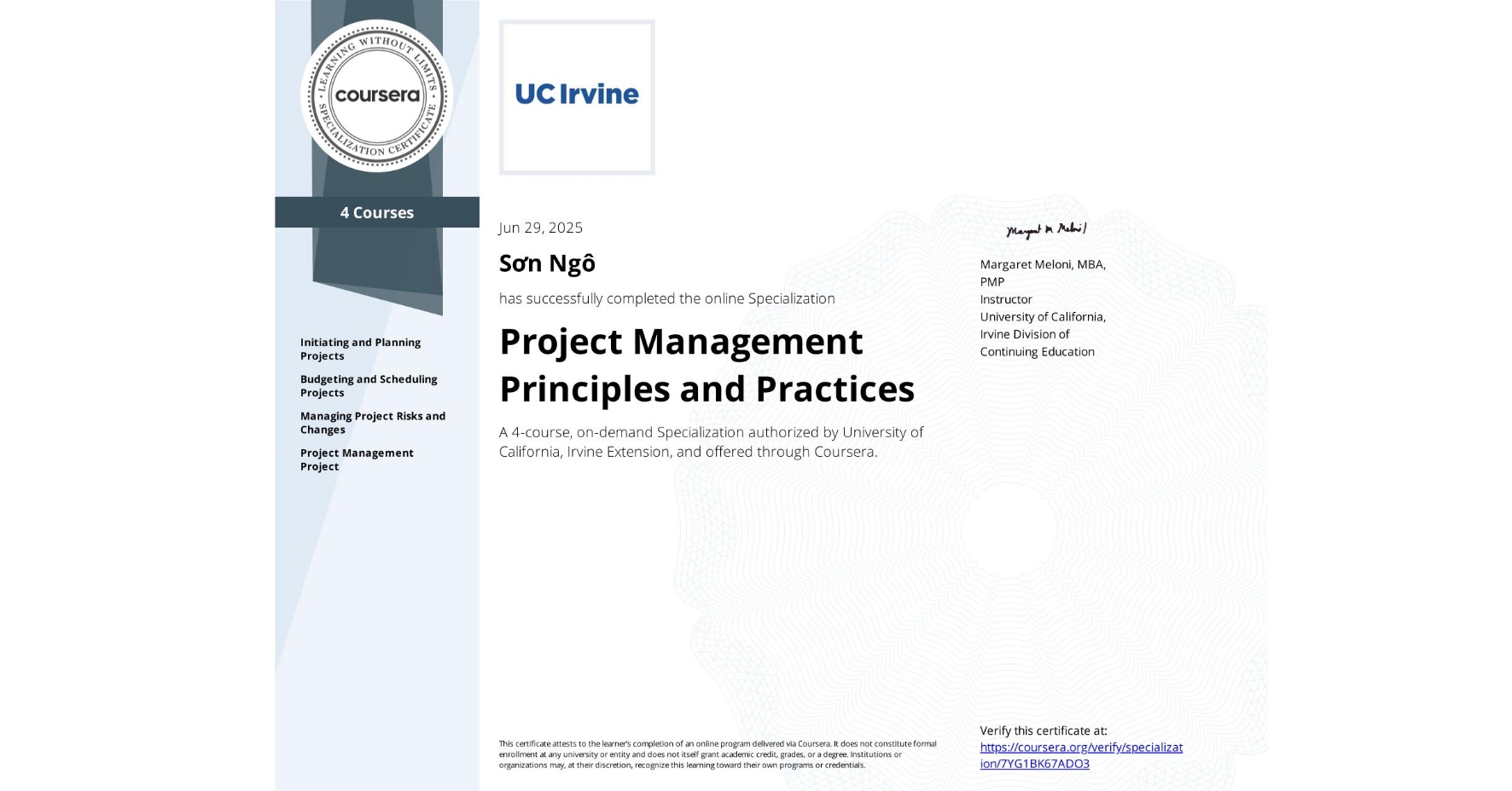 Project management and agile certificate preview